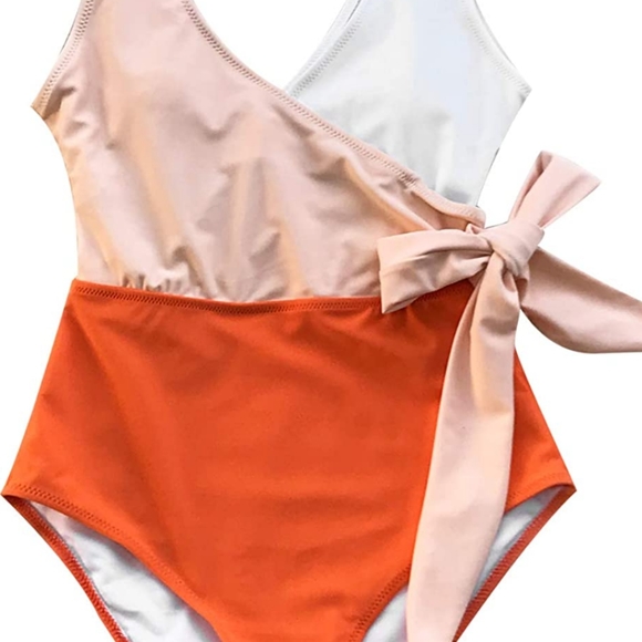 NWT CUPSHE One Piece Swimsuit Wrap Side Tie Color Block Monokini Orange White M - Picture 3 of 5